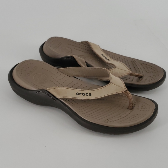 CROCS | Shoes | Crocs Capri Iv Beige Leather Flip Flops Sandals 8 | Poshmark